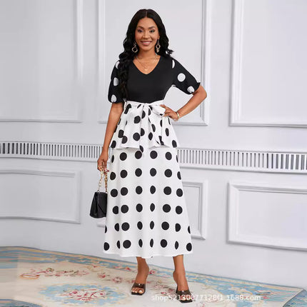 Cross-border Amazon Europe and the United States spring and summer popular fashion simple light cooked wind V collar short sleeve retro wave dress