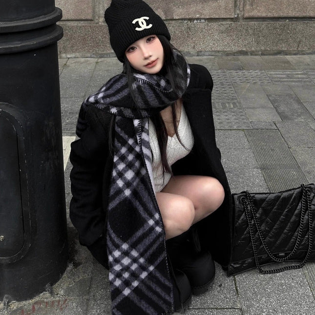 Korean Style Fashionable Pink Plaid Imitation Cashmere Scarf for Women Autumn and Winter 2025 New Style Warm Elegant Versatile Scarf Trend