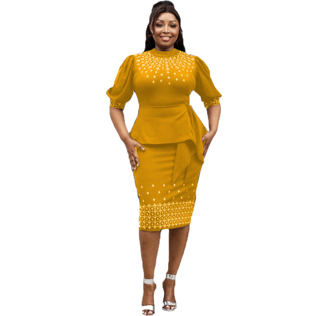 Cross-border supply of African women's waist bag hip fake two lantern sleeve sleeve dress hot drilling nail beads high-end