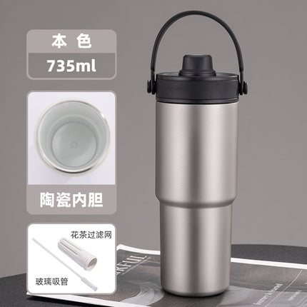 Cross-border high-value 316 stainless steel thermos cup large-capacity double-drink ceramic liner car cup portable handle cup