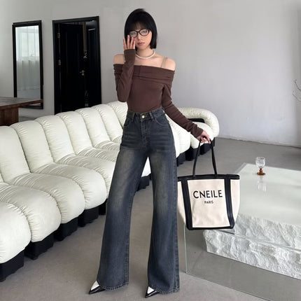 Retro washed Street versatile jeans women's spring and autumn slimming design sense niche micro horn mopping pants