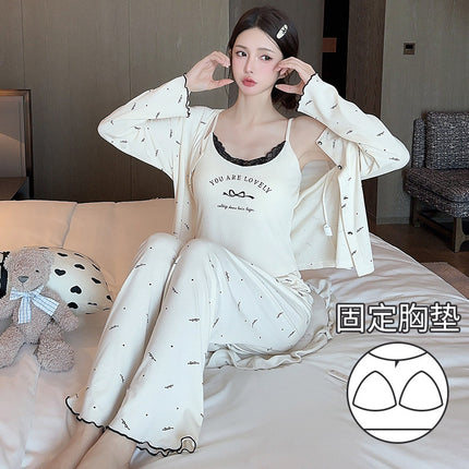 D Oh Mi Da Spring Sexy Sweet Bow Print Thin Strip Modal Pajamas Three-piece Set with Chest Pad for Women