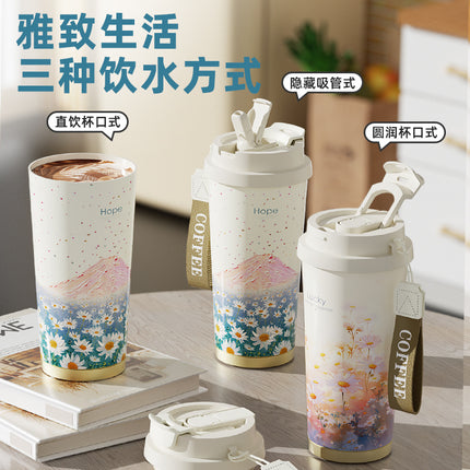New Ceramic Thermos Coffee Cup for Girls, a Lucky Charm with High Aesthetic Value, Double Drinking Cup, Lily of the Valley Gift Cup