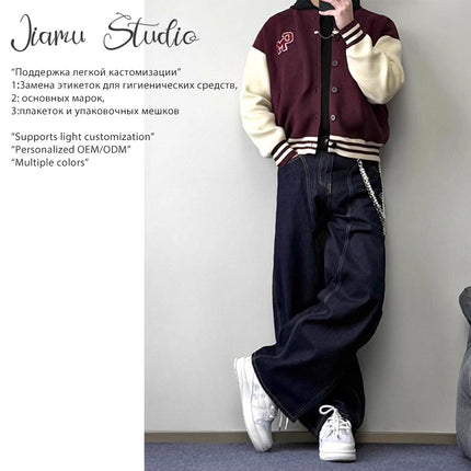 JIAMU Spring and Summer American Style High Street Baggy jeans Wide Leg Jeans Unisex Loose Slimming Unisex Scimitar Pants