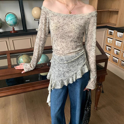 Smudged One-Line Collar Long-Sleeved Lace Asymmetrical T-Shirt for Women Early Autumn New High-End Elegant Slim Long-Sleeved Shirt