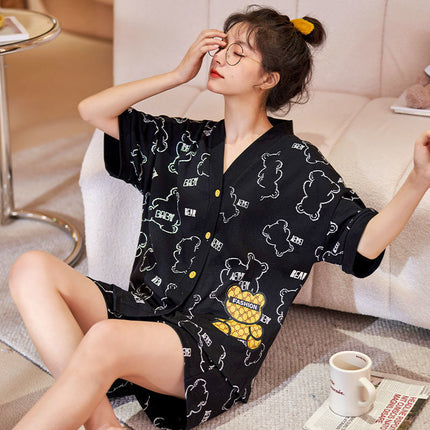 High-end Pajamas Women's Summer Short-sleeved Kimono Cardigan Large Size Student Cartoon Bear Outwear Women's Home Clothes