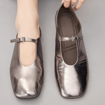 Mary Jane Flats Shoes for Women, Square Toe Light Mirror Shoes, Cow Leather Pleated Texture Square Toe French Literary Granny Shoes