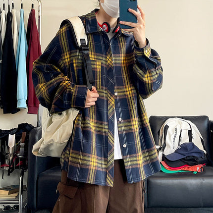 Cross-border Commodity Foreign Trade Loose Retro Plaid Long-sleeved Shirt Men's and Women's Unisex Shirt Coat Shoulder Scrub Shirt