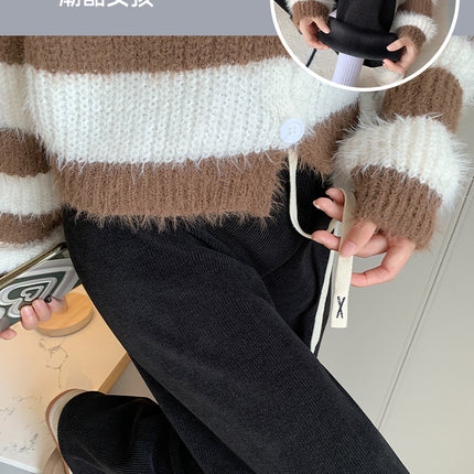 2023 fleece-lined new corduroy narrow wide-leg pants women's autumn and winter high waist slimming casual pants loose straight pants