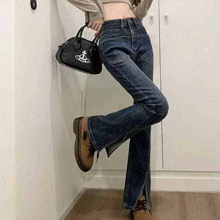 Small Split Micro Jeans Women's 2025 Spring Slim-fit American-style All-match Slim-fit Horn Mop Pants