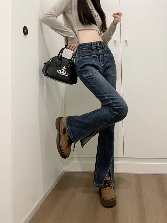 Small Split Micro Jeans Women's 2025 Spring Slim-fit American-style All-match Slim-fit Horn Mop Pants