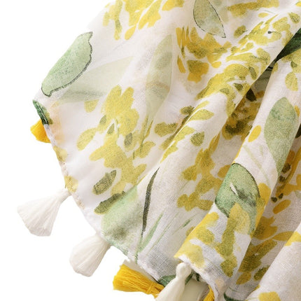 Small fresh sweet bright yellow leaf beach towel long tassel decorative travel sunscreen shawl cotton and linen hand scarf
