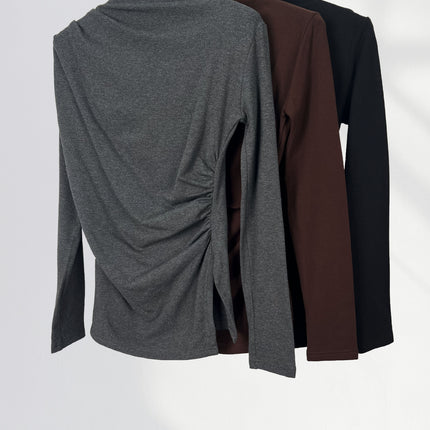 Elegant Slimming Combed Cotton Design High Collar Base Shirt Irregular Pleated Slim-fit Slimming Long-sleeved Top for Women