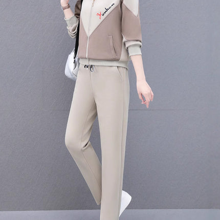 High Cotton Color-Block Two-Piece Fashion Casual Sports Suit for Women, Spring and Autumn, Middle-Aged Mom, Stand Collar Cardigan and Color-Block Sweatpants