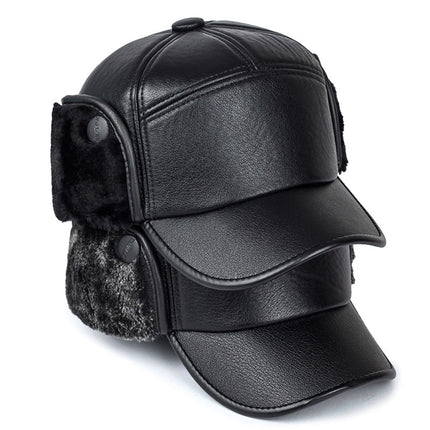 Hat Men's Winter Middle-aged and Elderly PU Leather Warm Ear Protection Winter Hat Grandpa Dad fleece-lined Old Man Cotton Hat