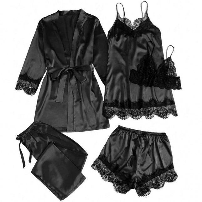 2024 New Sexy Pajamas Women's Spring and Summer Five-Piece Silk Black Lace Slip Skirt Long-Sleeved Nightgown Home Clothes