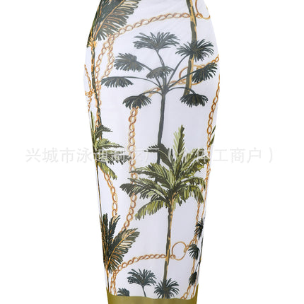 European and American Explosions Coconut Tree Twist One-piece Swimsuit Women's Two-piece Belly-covering Sexy Belt Mesh Skirt Foreign Trade OEM