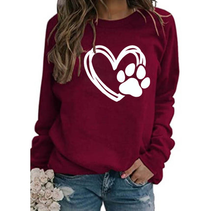 Cross-border Foreign Trade Supply Dog Feet Love Printed Round Neck Jacket Women's Long Sleeve European Size plus size Loose