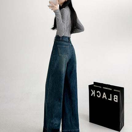 Stretch Retro Large Wide Leg Horn Jeans Women's 2024 Autumn New Loose Elegant All-match Mop Pants