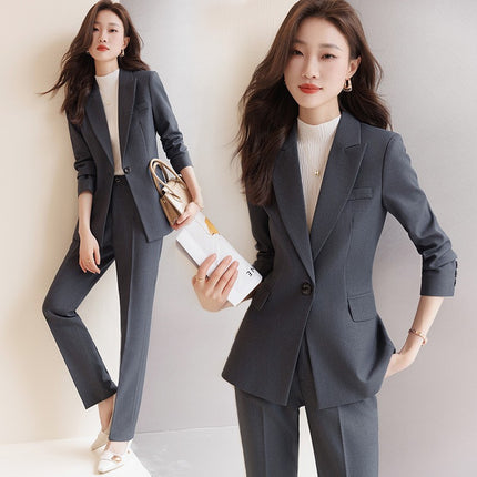 Elegant Goddess Style Professional Suit Set 2025 New Autumn and Winter Formal Workwear Blue-Gray Suit Two-Piece Set