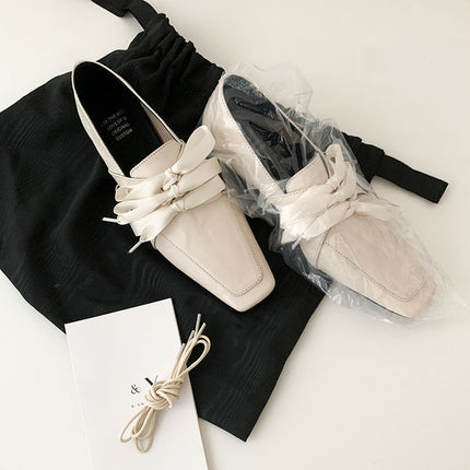 Ready Stock and Shipped in Seconds! Retro Square Toe Lace-Up Loafers, One-Leg Bow Ballet Shoes, Low-Heeled Small Leather Shoes for Women