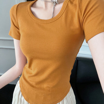 2025 New Summer U-Neck Right Shoulder T-Shirt Slim Design Niche Short-Sleeved Sexy Small Top for Women Export
