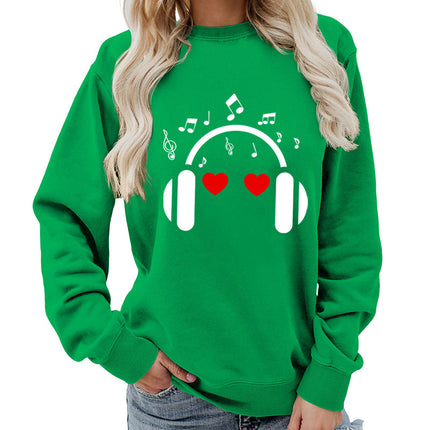 Music Headphones Love Printed Round Neck Women's Top Sweatshirt Foreign Trade Supply Autumn and Winter Coat Casual Loose European Size