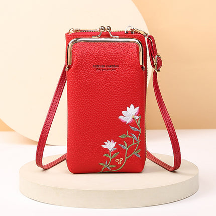 Manufacturer's Supply 2024 New Women's Mobile Phone Bag Korean Style Fashionable Pebbled Pattern Pure Color Embroidered Cross-Body Shoulder Bag