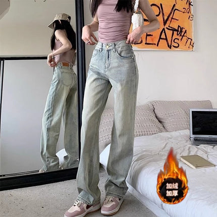 Mud Yellow fleece-lined Jeans Women's Trendy All-match New High Waist Slimming Loose Dose Narrow Wide-leg Long Pants