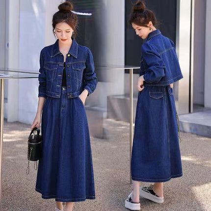 European Station Foreign Style Age-reducing Denim Dress Women's 2023 Spring and Autumn New Casual Short Jacket Skirt Two-piece Set