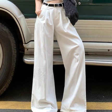 White Wide Leg Jeans Women's Trendy All-match New High Waist Slimming Pleated Lazy Drape Straight Trousers