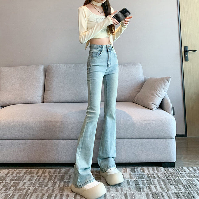 Light Color Flared Jeans Women's Spring and Autumn 2024 New Stretch Small High Waist Slimming Long Pants