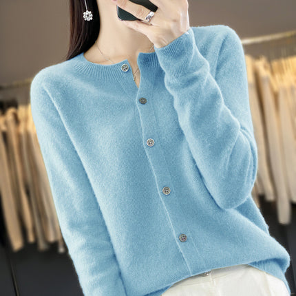 Round neck first-line clothing pure wool sweater cardigan coat women's osmanthus needle knitted bottoming shirt long sleeve solid color top
