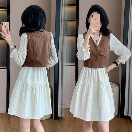 Real Shot of French-Style Elegant Fashion Suit Dress for Women, 2026 Autumn New Model, Vest and Chiffon Dress Two-Piece Set