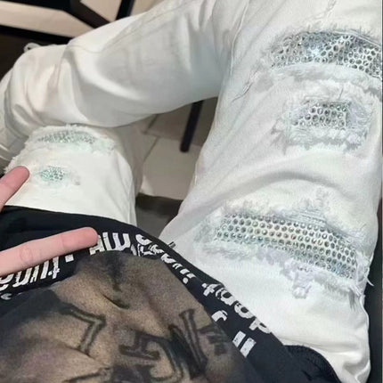 Am Cross-Border Shin European and American High Street Diamond-Encrusted Washed Hole Patchwork Hot Diamond Jeans Beggar Pants for Men