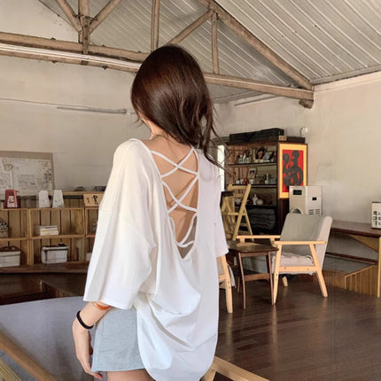 Cross Backless Short-sleeved T-shirt Women's Summer New Arrival Laid-back Loose Casual Design Hot Girls Chic Trendy Top