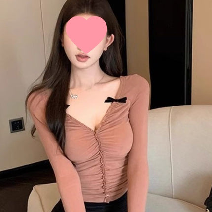 2025 Spring New Style Women's Pure Desire Collar Base Shirt with Pleated Design, Slim Fit, Brushed Fabric, Warm Top