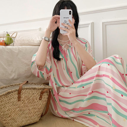 Mishiti Cotton Silk New Chinese Style Short-Sleeved Nightgown for Women, Summer Thin Style, National Style Cotton Silk Home Wear, Can Be Worn Outside
