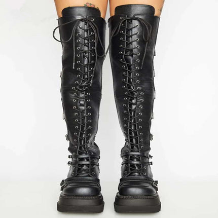 2021 new cross-border European and American plus size casual high boots Women's wedge lace-up belt buckle over-the-knee boots in stock