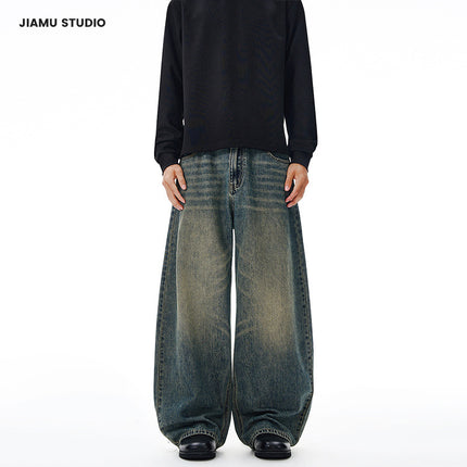 Jiamu American High Street Three-Color Baggy Jeans Unisex Loose Wide-Leg Scimitar Jeans Men's and Women's Silhouette