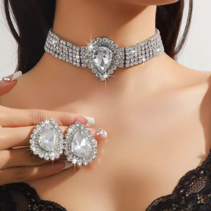 European and American Luxury Multi-layer Rhinestone Geometric Necklace Earrings Colorful Large Water Drop Crystal Necklace Fashion Exaggerated Necklace