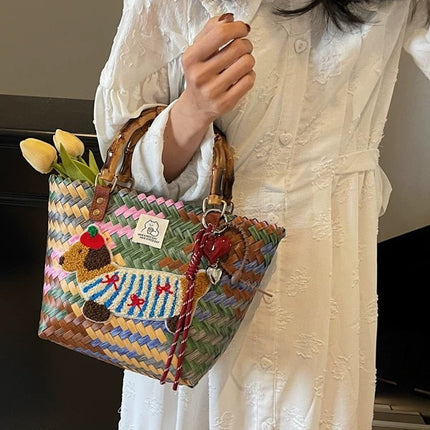 Hand-Held Vegetable Basket, Dachshund Dog Retro Woven Bag, Rattan Commuting Holiday Style Large-Capacity Beach Bag, Bamboo Hand Carry