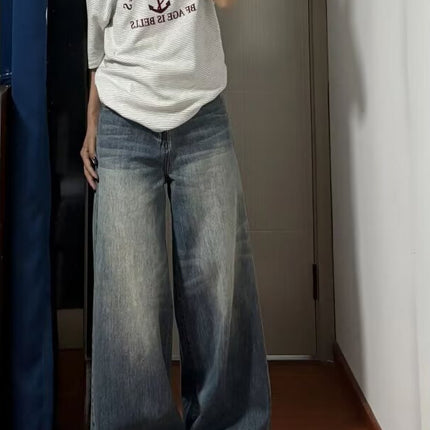 Vintage Washed Wide-Leg Jeans for Women 2025 Autumn New High-Waisted Loose Slimming Straight-Leg Floor-Length Pants