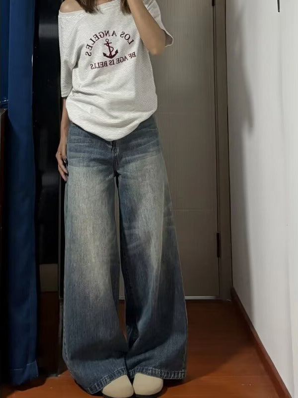 Vintage Washed Wide-Leg Jeans for Women 2025 Autumn New High-Waisted Loose Slimming Straight-Leg Floor-Length Pants