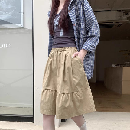 Cross-Border College Style Khaki Skirt 2025 Spring New Design Age-Reducing Japanese Style Flap Pocket Pants Mid-Skirt A-Line Skirt