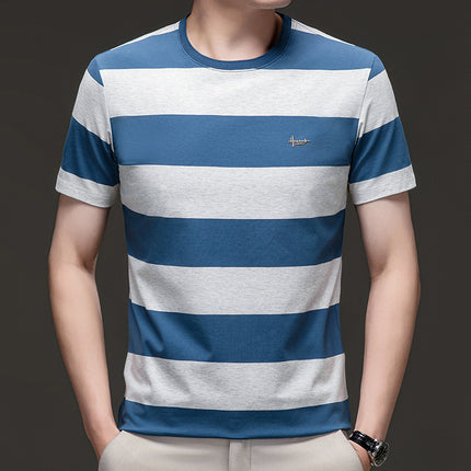 Mingdi Mouse Men's Summer New Casual Short-sleeved Crewneck Plus Size T-shirt Business Striped Pure Cotton Men's T-shirt