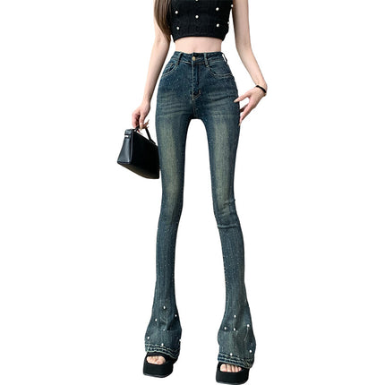 American Style Retro Horseshoe Jeans Women's Heavy-duty Beaded Hot Rhinestone High Waist Pants Stretch Tight-fit Mop Pants