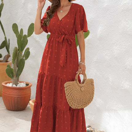 Cross-Border V-Neck High-Waist Strappy Dress Fur Ball Long Short-Sleeved Dress Vacation Travel Dress