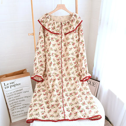 French-style long cotton nightdress women's spring and summer long-sleeved over-the-knee double-layer yarn crepe loose retro home can be worn outside