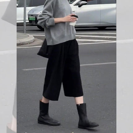 Black Three-Quarter Woolen Pants for Women, Loose Wiring, 2025 Autumn and Winter New Style, Relaxed Tone, Thickeneded Casual Wide-Leg Pants